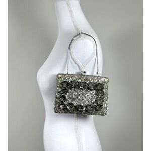 Vintage Silver Sequin Beaded Evening Bag Chain Handle Clutch Wedding Purse